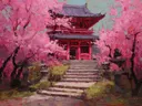 Schilderij van een rode Japanse tempelpoort tussen bloeiende kersenbomen
