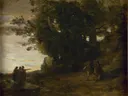 Jean Baptiste Camille Macbeth, paysage van Jean-Baptiste-Camille Corot: landschap met bomen, bos, schemer en figuren, in donkergroen en grijs