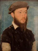 Jean de Bourbon-Vendôme van Corneille de Lyon: portret met man, baret, baard en zwarte kleding, in donker groen en zwart