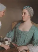 Jean Etienne The Breakfast van Jean-Étienne Liotard: figuren met twee vrouwen, koffie, kopje en muts, in zacht blauwgroen en grijs