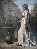 Jeune fille grecque à la fontaine RF 1978 17 van Jean-Baptiste Camille Corot: figuren met meisje, fontein, witte jurk en rotswand, in wit en grijs