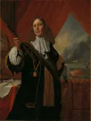 Johan de Liefde (ca. 1619 73), Vice Admiral van Bartholomeus van der Helst: portret met man, rood gordijn, penning en zeegezicht, in rood met zwart