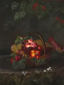 Johan , skole, 19. årh. Opstilling med blomster og frugter i en kurv, School van Johan Laurentz Jensen: stilleven met bloemen en fruit