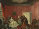 Johanna and the Jewish Merchants van Cornelis Troost: interieur met kamer, mensen, rode muren en gordijn, in warm rood