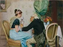 Johannistrieb van Franz Xaver Simm: figuren met vrouw, oude man, salon en bloemen, in lichtblauw en creme
