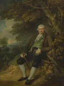 John Wilkinson van Thomas Gainsborough: portret met man, landschap, stok en boom, in donker groenbruin