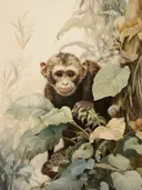 Schilderij van een jong aapje verscholen tussen jungle bladeren