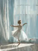 Ballerina danst voor een raam met gordijnen