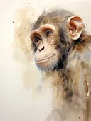 Aquarelportret van een jonge chimpansee met grote oren.
