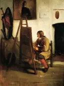 Jonge schilder in zijn atelier van Barent Fabritius: interieur met atelier, schilder, ezel en haard, in gedempt grijsbruin