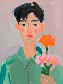Portret van een jongeman met een boeket bloemen