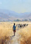 Jongen bij de geitenkudde, landschap schilderij