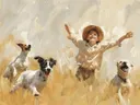 Schilderij van een jongen die met drie honden speelt in een korenveld.