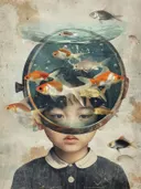 Jongen met aquarium-duikhelm vol goudvissen