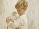 Portret van een jongen die een kuiken vasthoudt