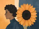 Jongen met zonnebloem in grijsblauw en abrikoos, botanisch schilderij