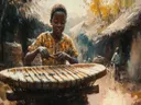 Jongen speelt op een houten balafoon in een dorp