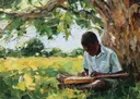 Jongen speelt duimpiano (mbira) onder een boom