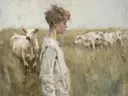 Schilderij van een jongen in profiel tussen grazende koeien.