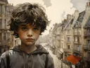 Portret van een jongen met op de achtergrond een oude stadstraat