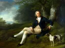 Joseph Greenway van Jens Juel: portret met man, hond, landschap en zittend, in donkerblauw en groen