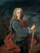 Joseph I of Portugal van Jean Ranc / Formerly attributed to Michel Ange Houasse: portret met man, pruik, blauwe jas en staf, in blauw en roodbruin