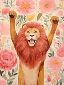 Illustratie van een leeuw met opgeheven poten tussen roze bloemen en groene bladeren.