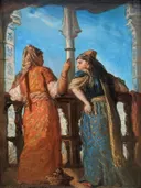 Juives au balcon, Alger RF 3882 van Théodore Chassériau: figuren met vrouwen, balkon, zuil en oosterse kleding, in fel blauw en rood