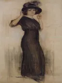Júlia amb barret van Ramon Casas: portret met vrouw, hoed, zwarte jurk en staand, in zwart op beige