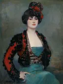 Julia van Ramon Casas: portret met vrouw, mantilla, zwarte kant en blauwe jurk, in diep blauw en zwart