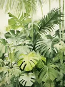 Onderaanzicht van dicht jungle bladerdak met monstera en bananenbladeren.