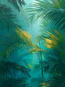 Botanisch schilderij van een jungledoorkijk in teal tinten