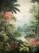 Jungle landschap met meer, rode bloemen en palmbomen.