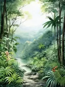 Jungle rivier landschap met tropische bloemen en mistige bergen.