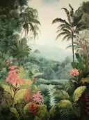 Panoramisch jungle landschap met rivier, roze bloemen en mistige bergen.