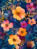 Schilderij van roze, paarse en oranje bloemen op een donkerblauwe achtergrond