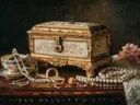Schilderij van een juwelendoos met theekopje en rozen