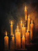 Stilleven schilderij van kaarsen onder een sterrenhemel