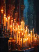 Stilleven schilderij van een kaarsenrij in een kathedraal