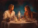 Schilderij van een man en vrouw die elkaar aankijken bij een kaarslichtdiner