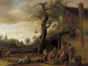 Kaartspelers en kegelaars bij een herberg van Jan Steen: figuren met herberg, kaartspelers, kegelen en boom, in gedempt groen en bruin