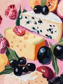 Schilderij van een kaasplank met blauwe kaas, belegen kaas, olijven en granaatappel.