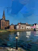 Kade met kerktoren in paletmes, schilderij