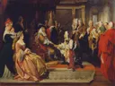 Kaiser Karl VI. überreicht Prinz Eugen nach der Schlacht bei Belgrad den Ehrendegen van August Wenzel Mantler: figuren met hof, ceremonie, mensen en zaal, in warm rood en goud