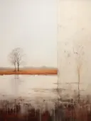 Minimalistisch landschap met kale bomen aan een mistige waterkant.