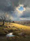 Kale bomen bij een plas onder een gebroken lucht, abstract schilderij