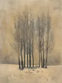 Kale bomen in besneeuwd landschap