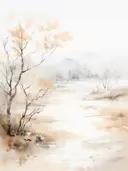 Waterverf winterlandschap van een kale boom bij een lichte, besneeuwd ogende vlakte.
