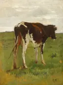 Kalf in een landschap van Anton Mauve: dieren met kalf, weide, gras en koe, in groen en roodbruin