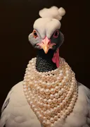 Kalkoen schilderij met parelketting, humoristisch dierenportret